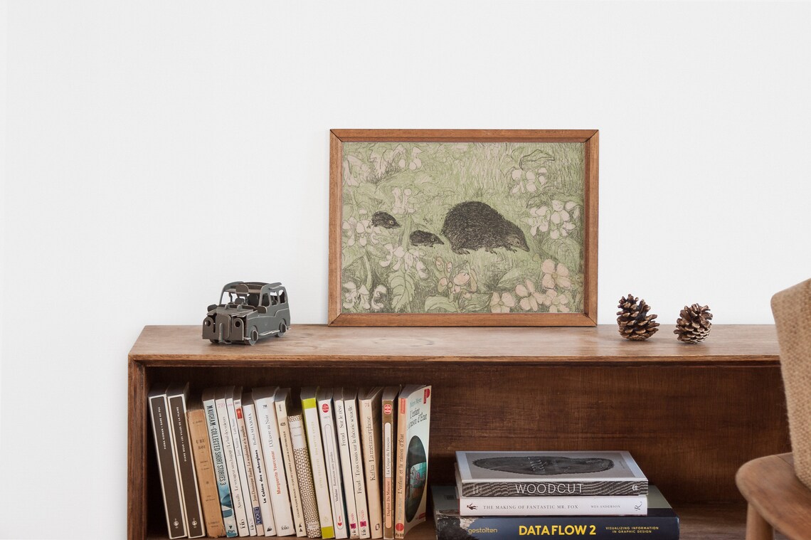 Mother Hedgehog with Babies in a Flowering Garden Vintage Print - Image 2