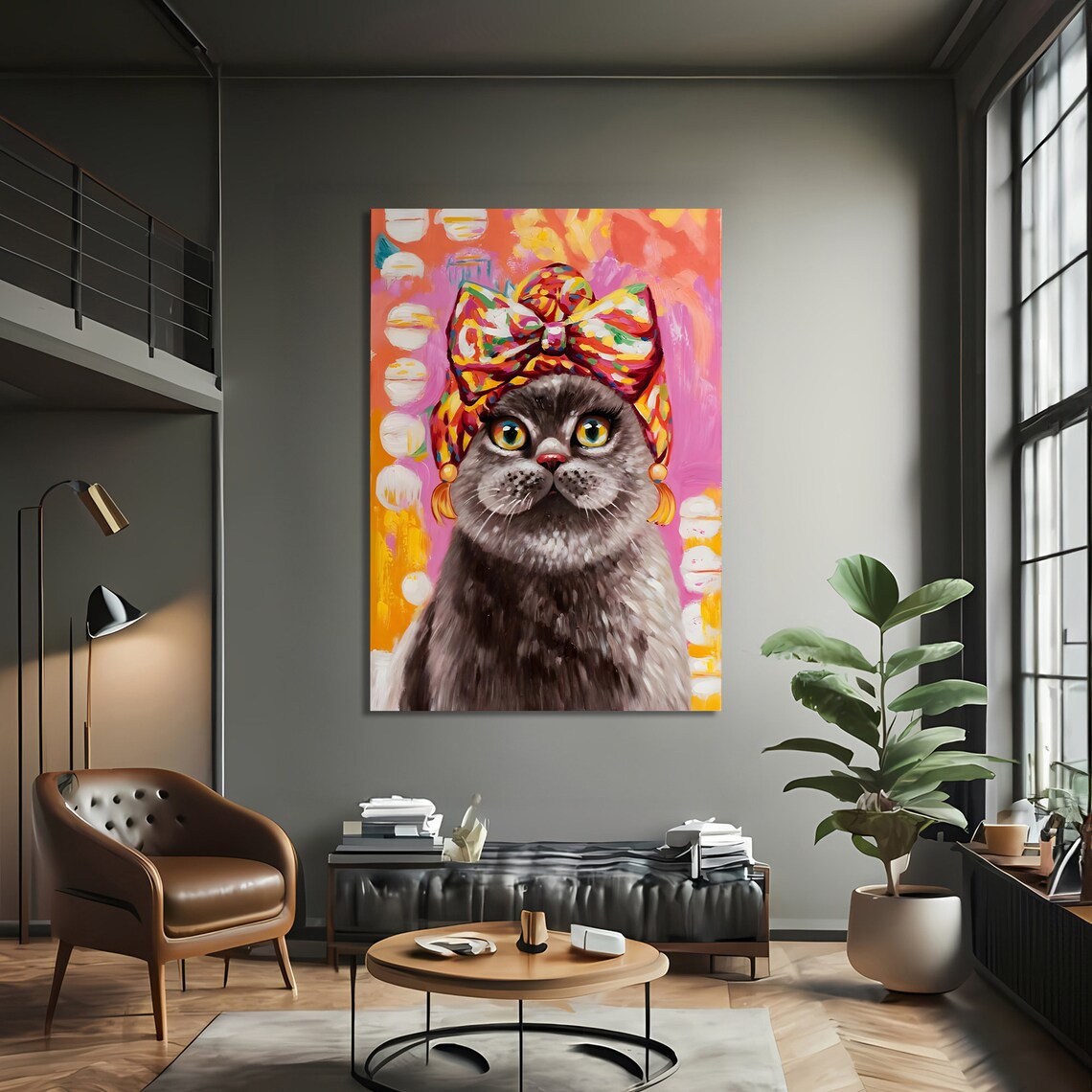 Colorful Cat Portrait, Whimsical Animal Painting - Image 3