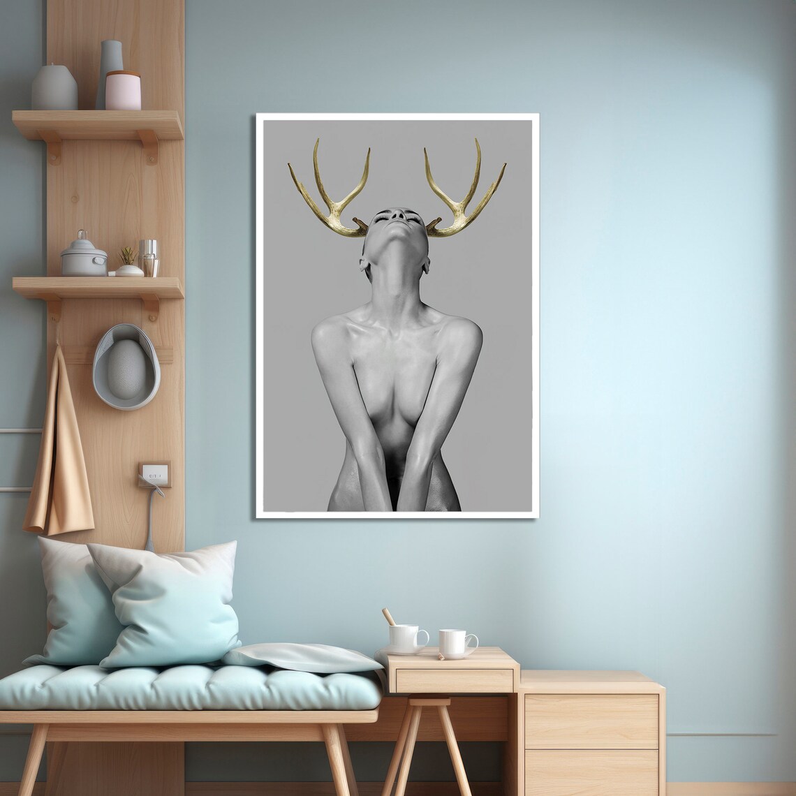 Ethereal Nude Woman With Golden Antlers, Minimalist Art Print - Image 4
