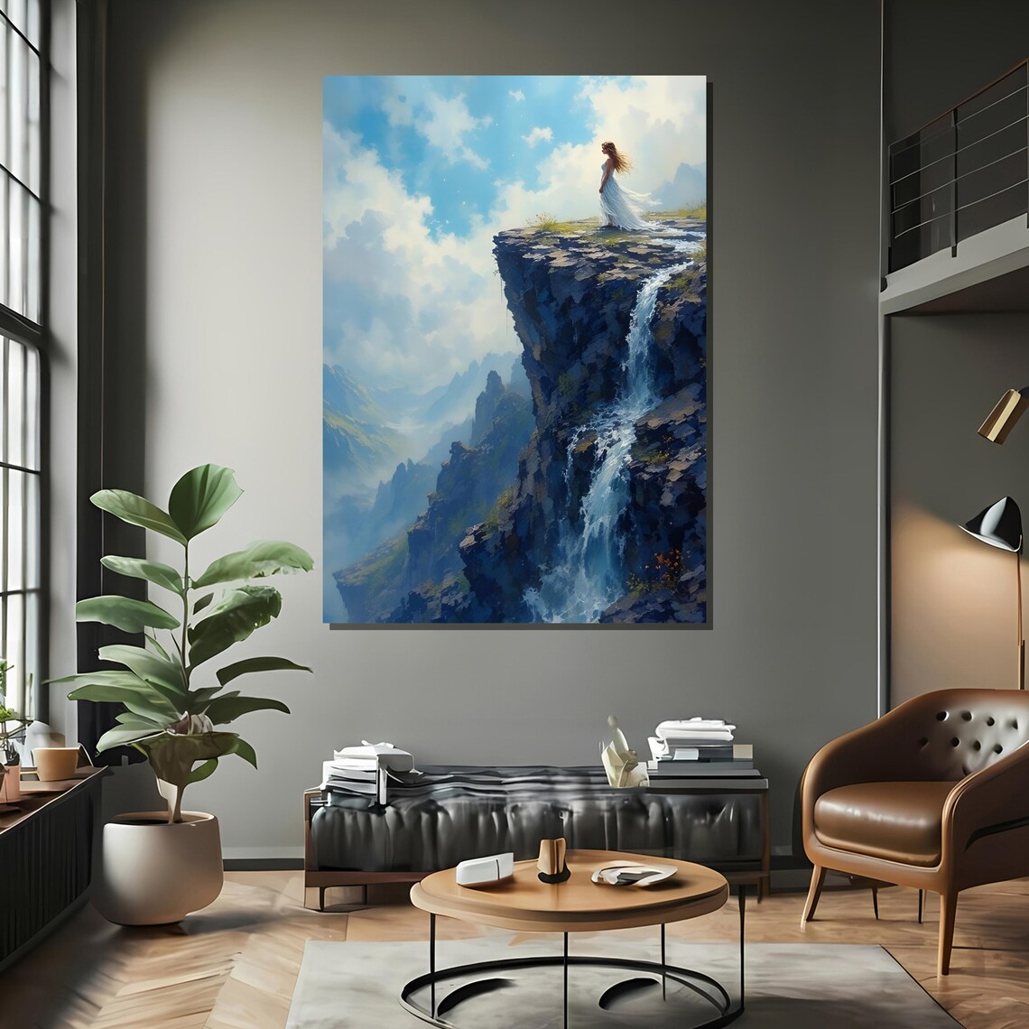 Woman Standing On Cliff Above Waterfall, Majestic Wall Decor - Image 2