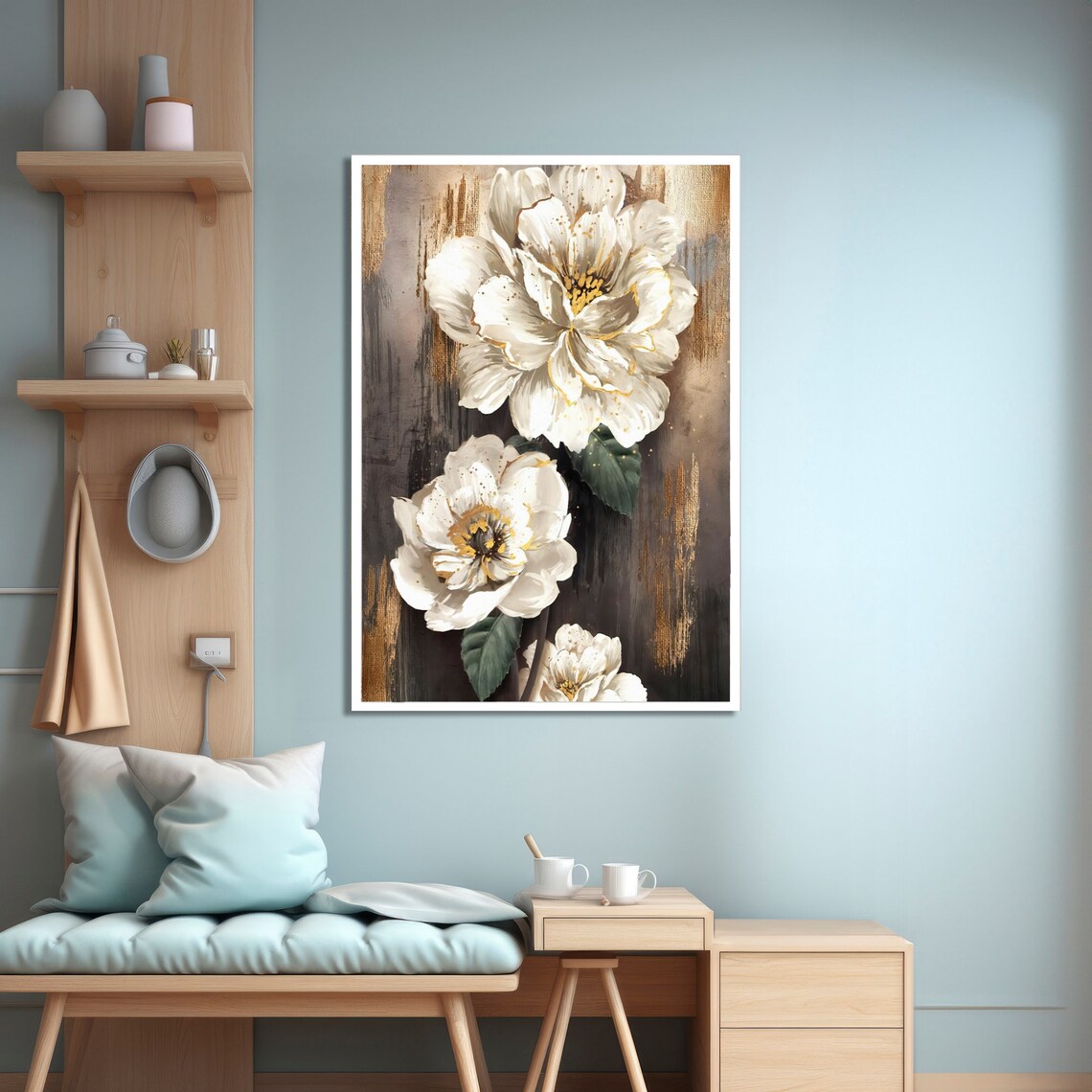Elegant White Peonies, Rustic Background Floral Print - Image 4