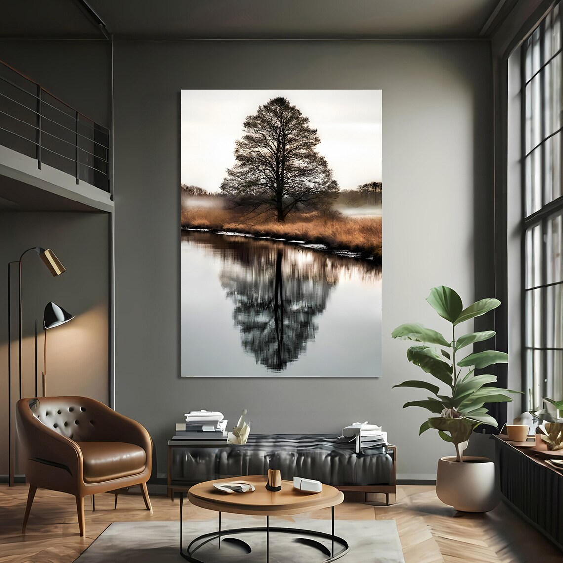 Misty Morning Reflection, Tranquil Tree River Landscape - Image 3