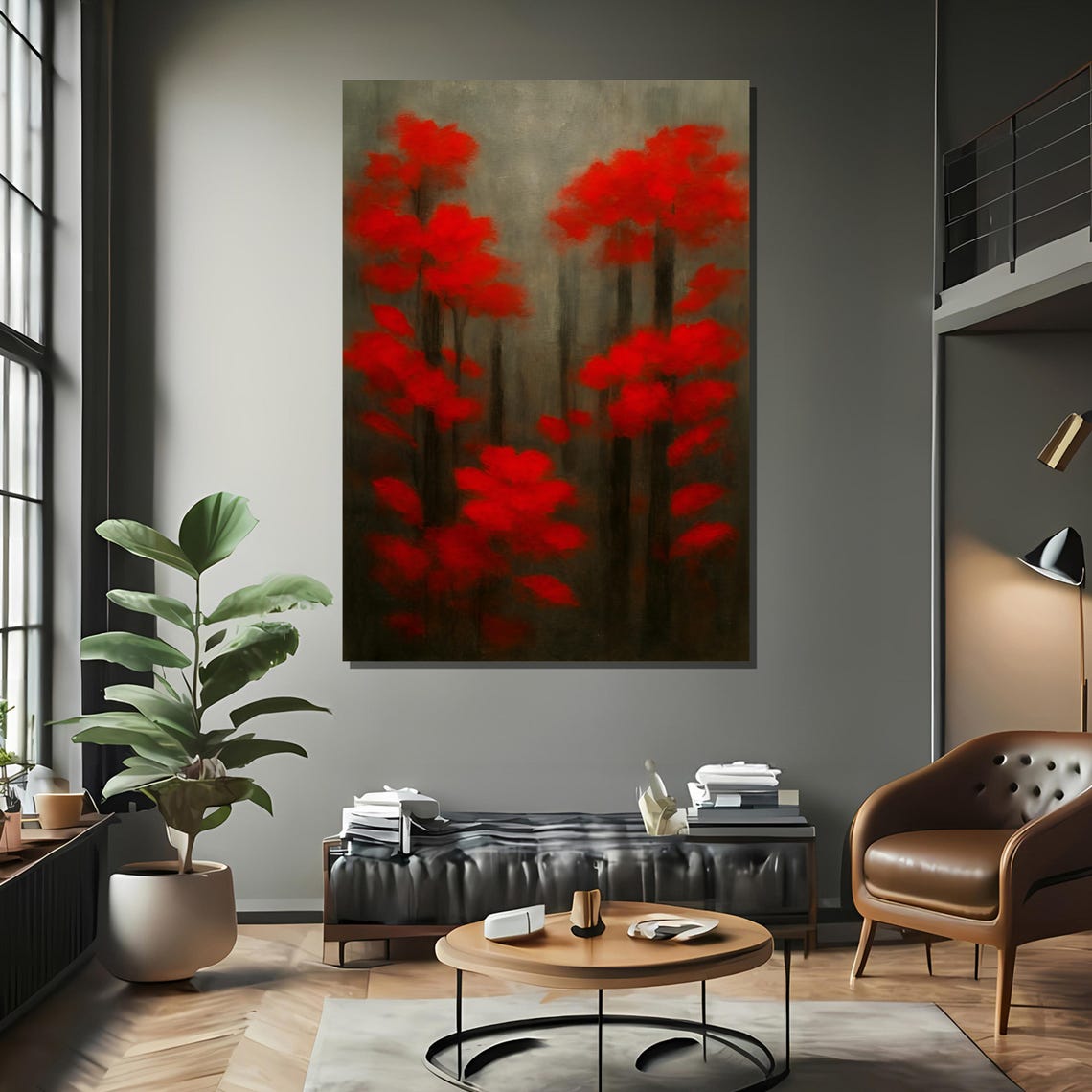 Misty Forest With Vibrant Red Trees Framed Or Unframed Art Print For Elegant Living Room Wall Decor - Image 2