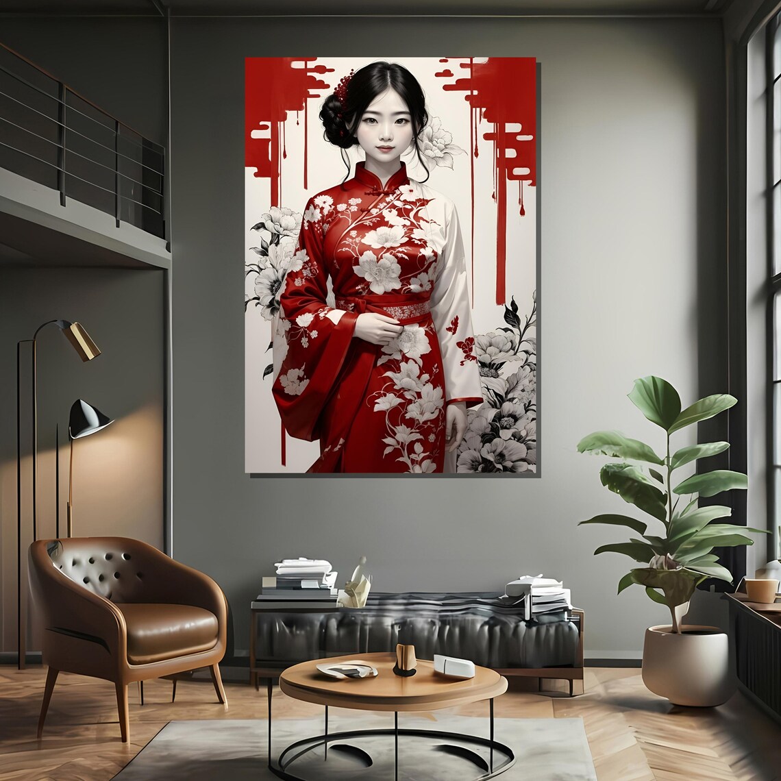 Elegant Japanese Woman in Red Kimono, Modern Decor - Image 2