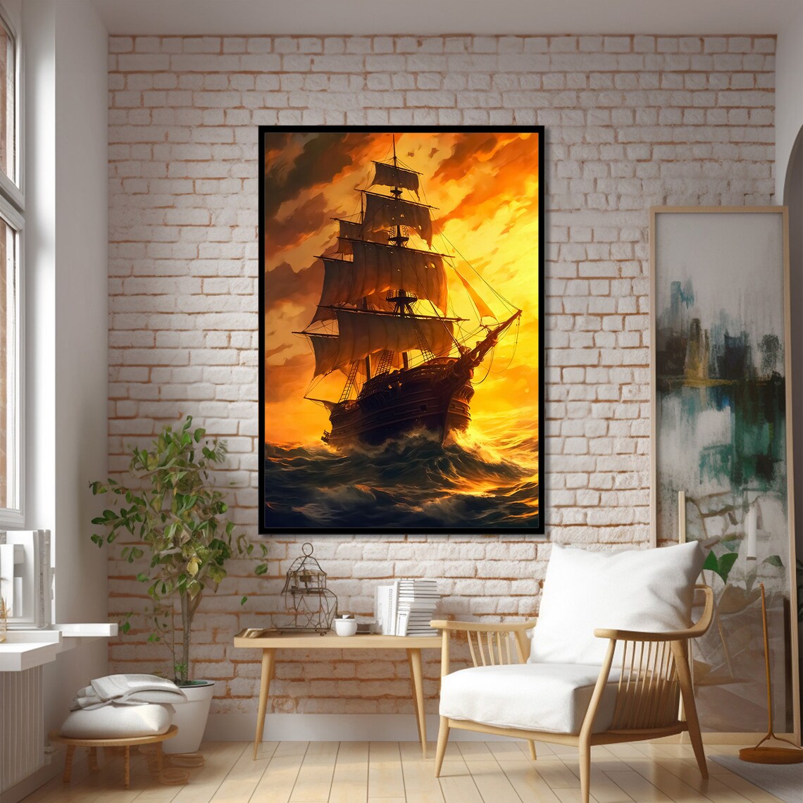 Majestic Sunset Sailing Ship Painting, Nautical Decor - Image 2