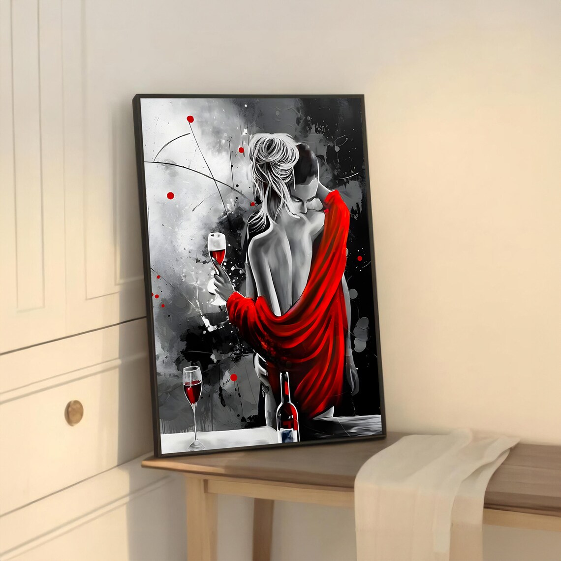 Romantic Red Embrace, Lovers With Wine Art Print - Image 5