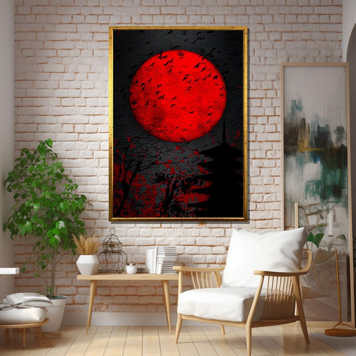 Japanese Red Moon, Dark Minimalist Wall Decor - Image 5