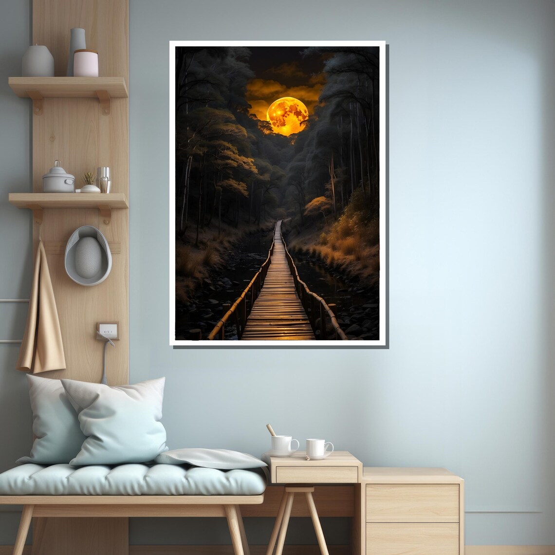 Mystical Forest Path Under Glowing Moon Art Print - Image 3