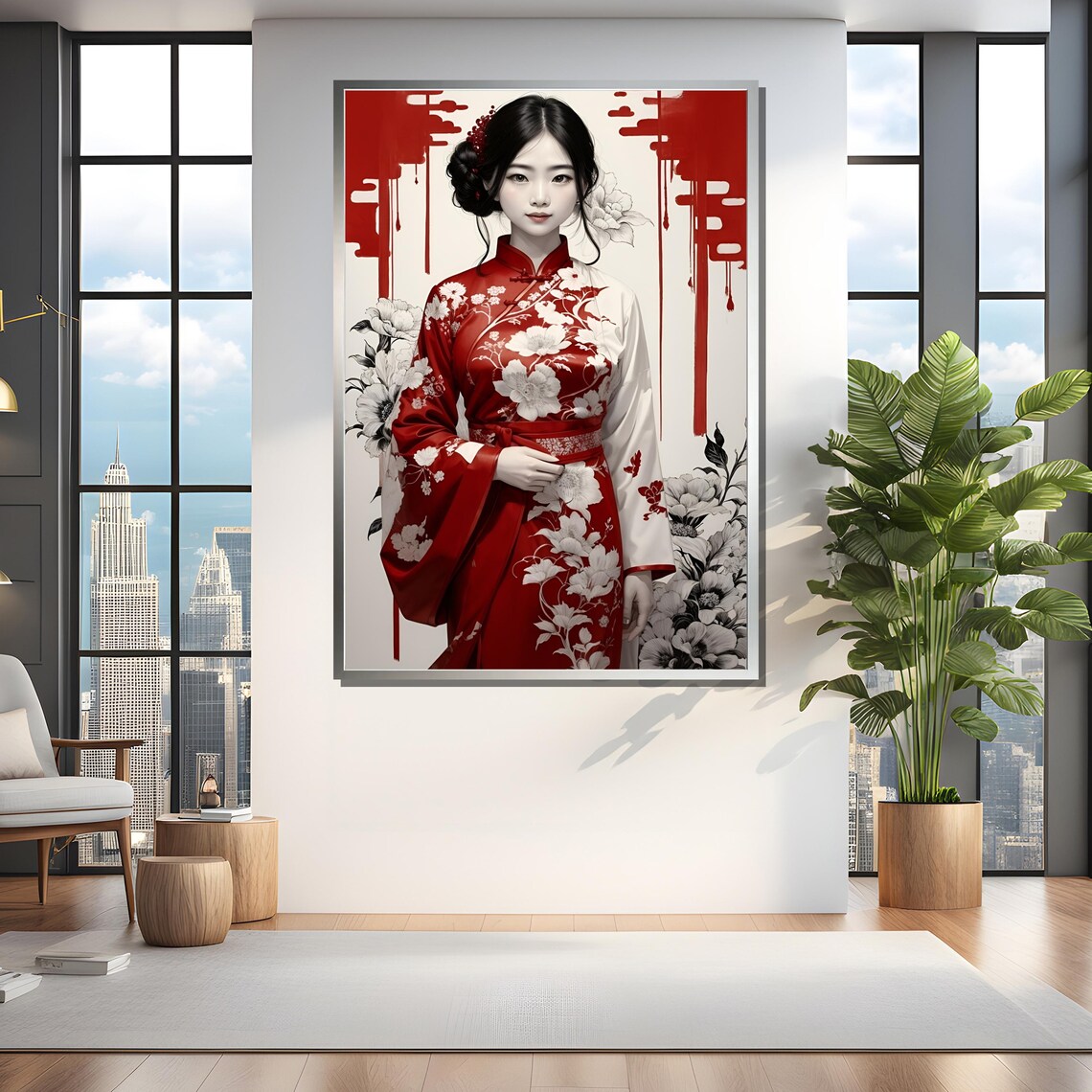 Elegant Japanese Woman in Red Kimono, Modern Decor - Image 4