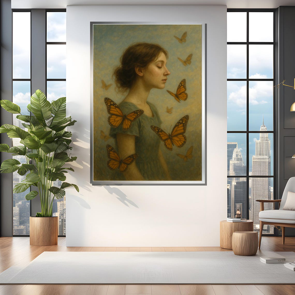 Girl With Butterflies, Blue Dress Art Print - Image 4