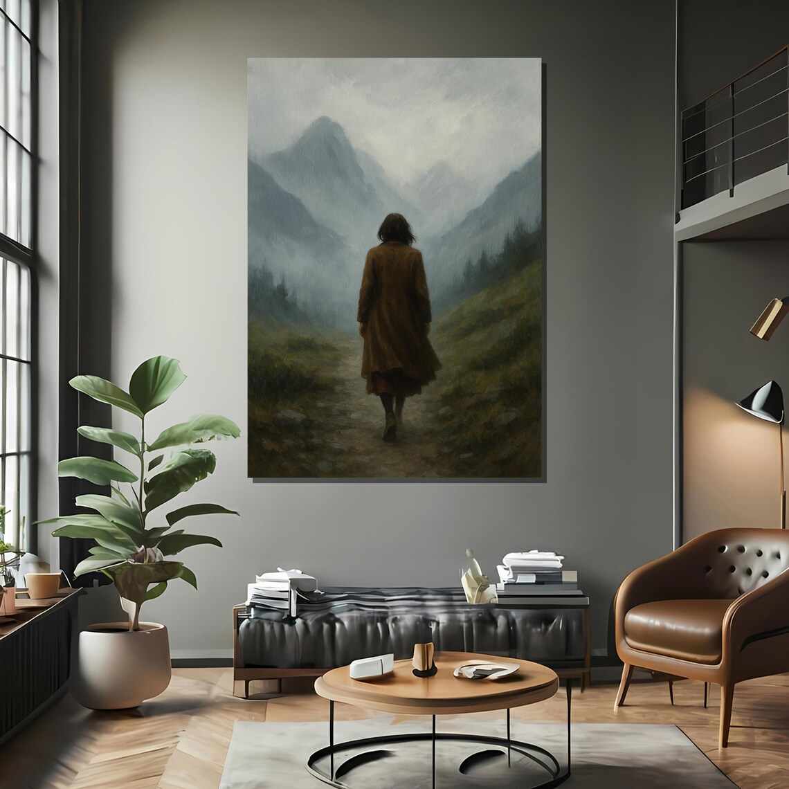 Woman Walking In Misty Mountains Art Print - Image 2