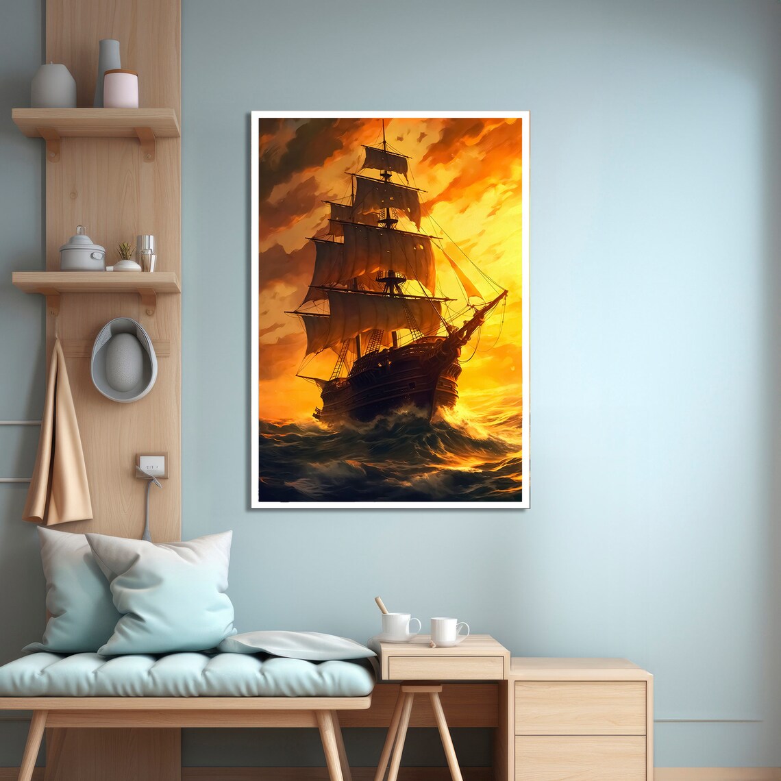 Majestic Sunset Sailing Ship Painting, Nautical Decor - Image 4