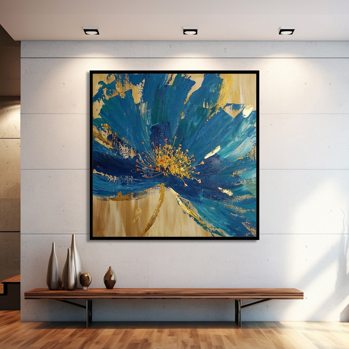 Blue Flower With Gold Details, Modern Floral Art Print - Image 2