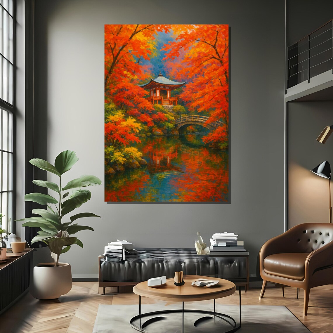 Japanese Temple In Autumn Forest, Landscape Art Print - Image 2