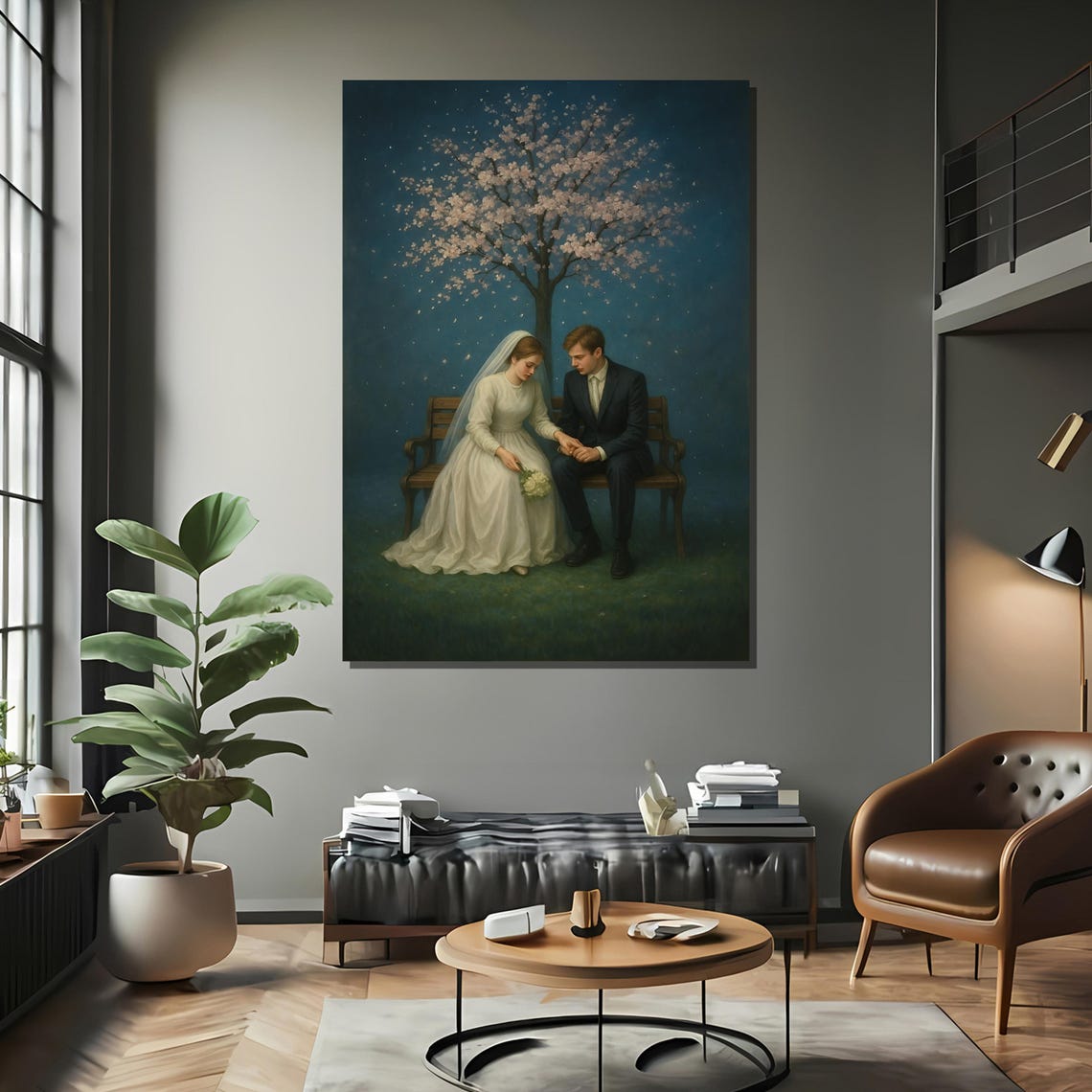 Bride And Groom Under Blossom Tree Framed Or Unframed Art Print For Romantic Bedroom Or Wedding Wall Decor - Image 2