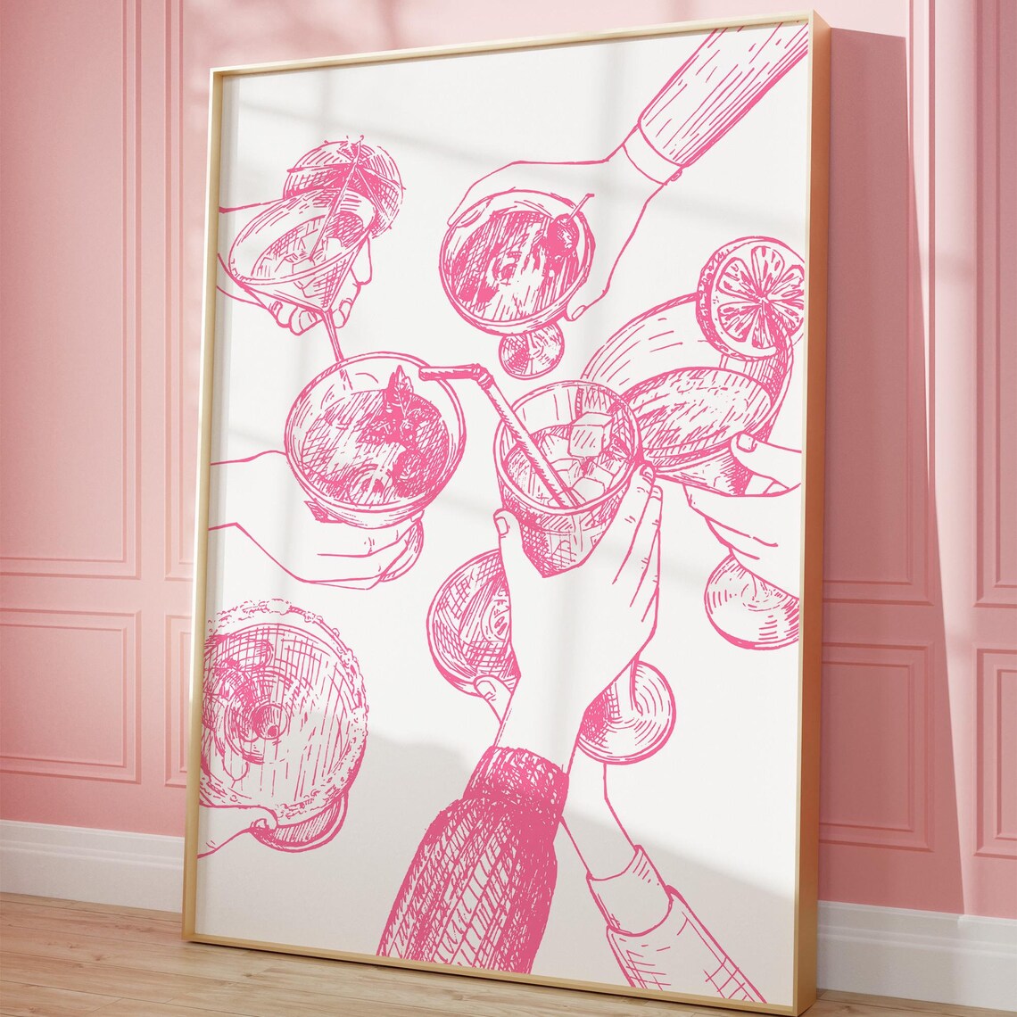 Pink Cocktail Cheers Hand Drawn Toast Bar Cart Art Decor Poster - Image 3