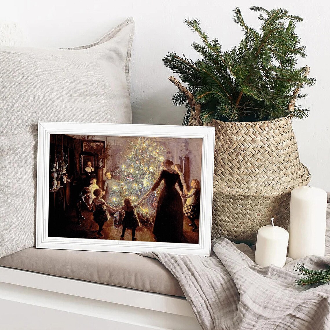 Antique Christmas Tree Candlelight Family Gathering Painting Poster - Image 2