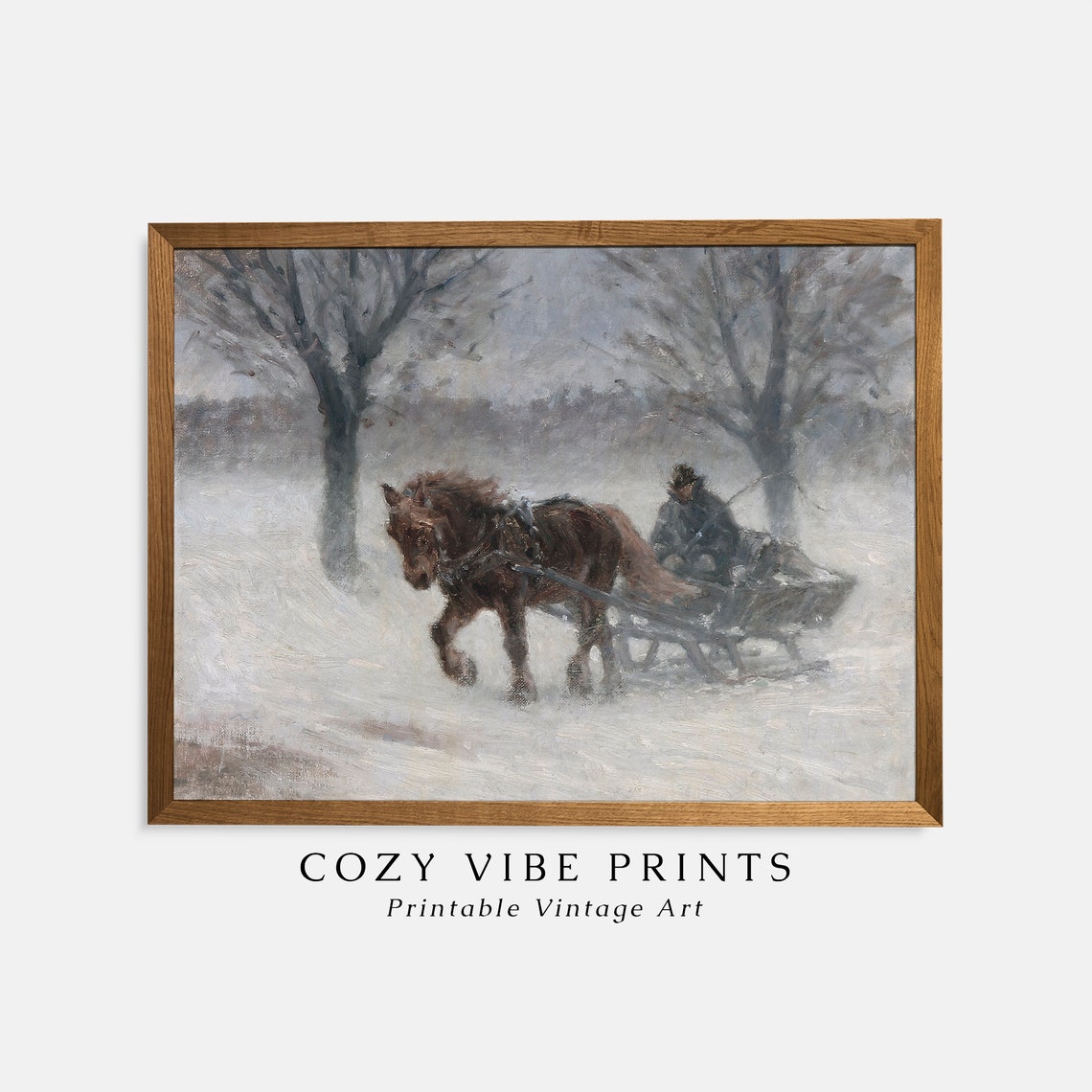 Snowy Winter Horse Sleigh Ride Painting Vintage Wall Art Cozy Farmhouse Print Country Christmas Holiday Decor - Image 2