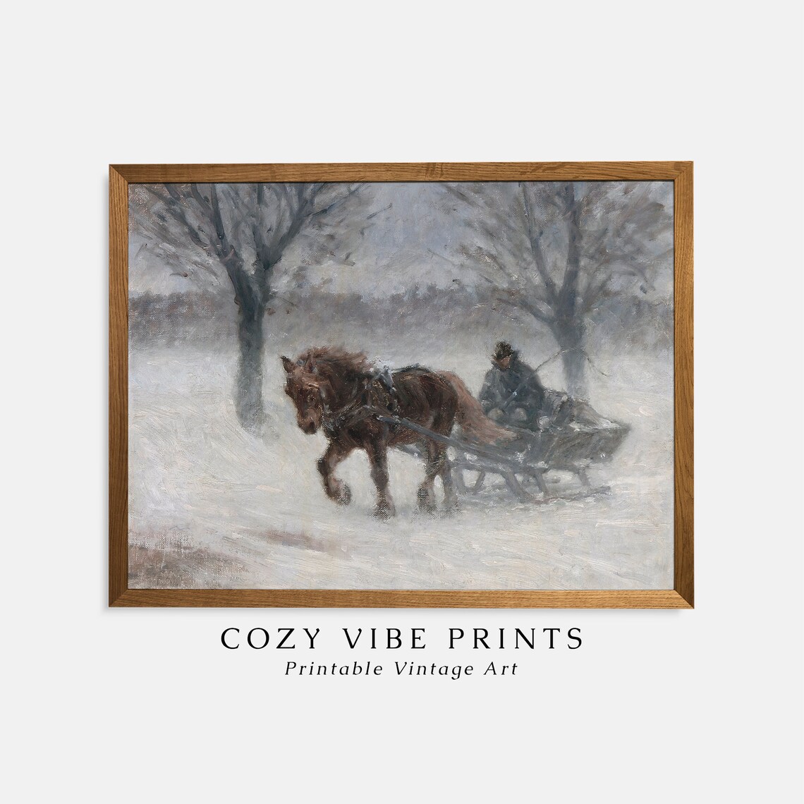 Vintage Horse Drawn Sleigh In Snowstorm Winter Scene Oil Poster - Image 2