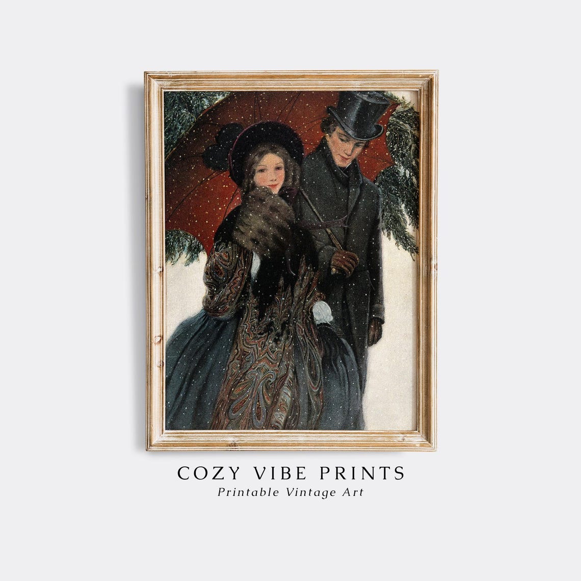 Victorian Couple in Snow Under Red Umbrella Christmas Romance Poster