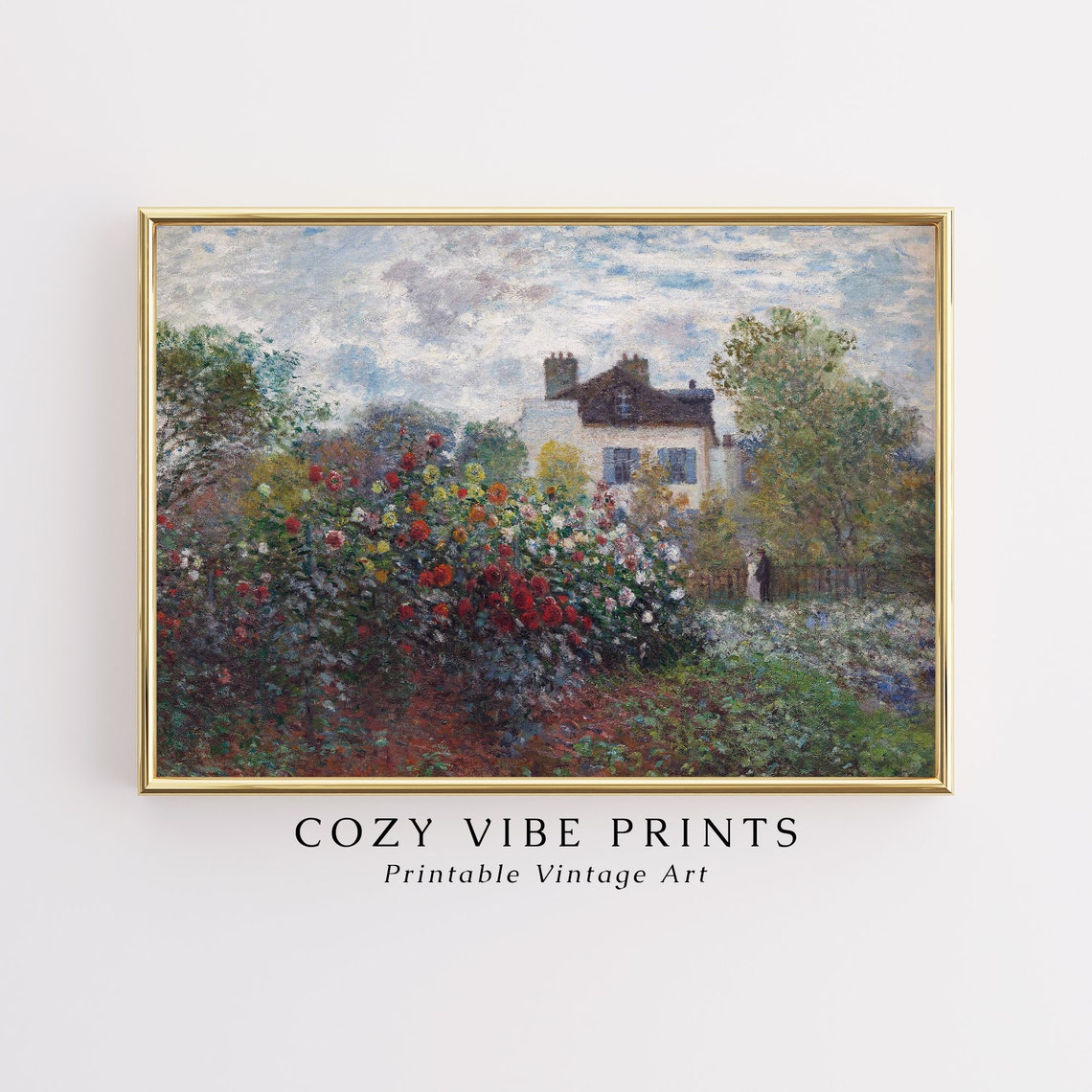 Country Dahlias Garden Oil Painting Vintage Wall Art Cozy Green Farmhouse Print French Housewarming Decor - Image 2