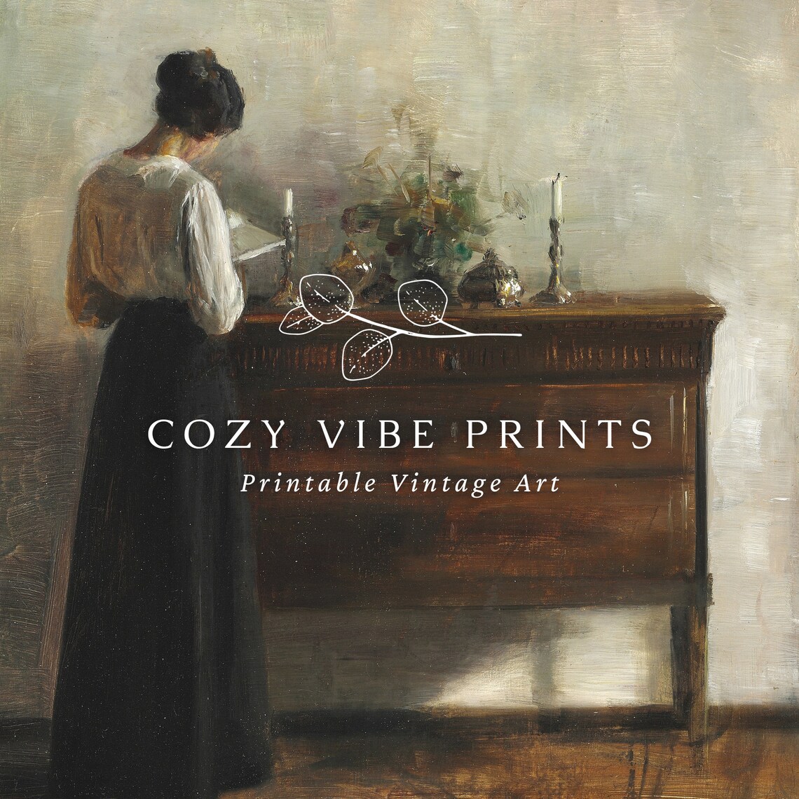 Vintage Woman Reading By Candlelit Sideboard Quiet Interior Oil Poster - Image 4
