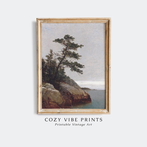 Vintage Lone Pine Tree Rocky Coast Antique Landscape Painting Poster