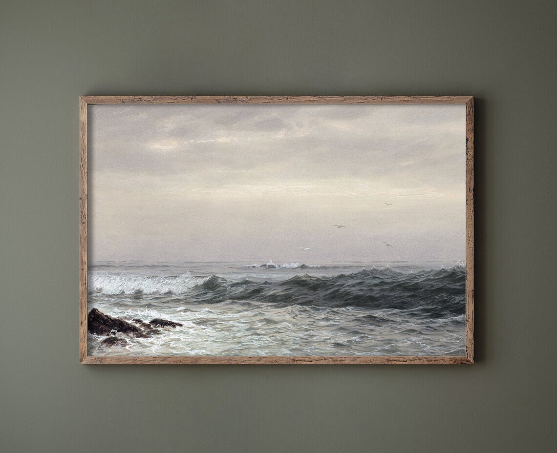 Vintage Moody Seascape Oil Painting Ocean Waves Coastal Poster - Image 3