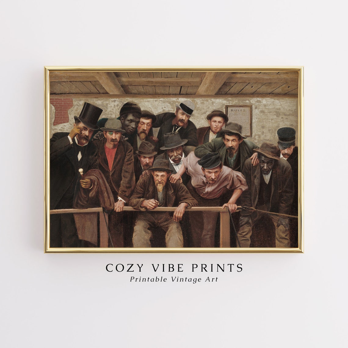Vintage Spectators Oil Painting Men Leaning On Wooden Rail Poster - Image 2