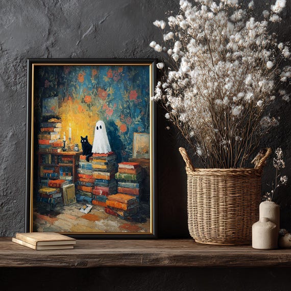 And Cat Library Print Spooky Dark Academia Wall Art