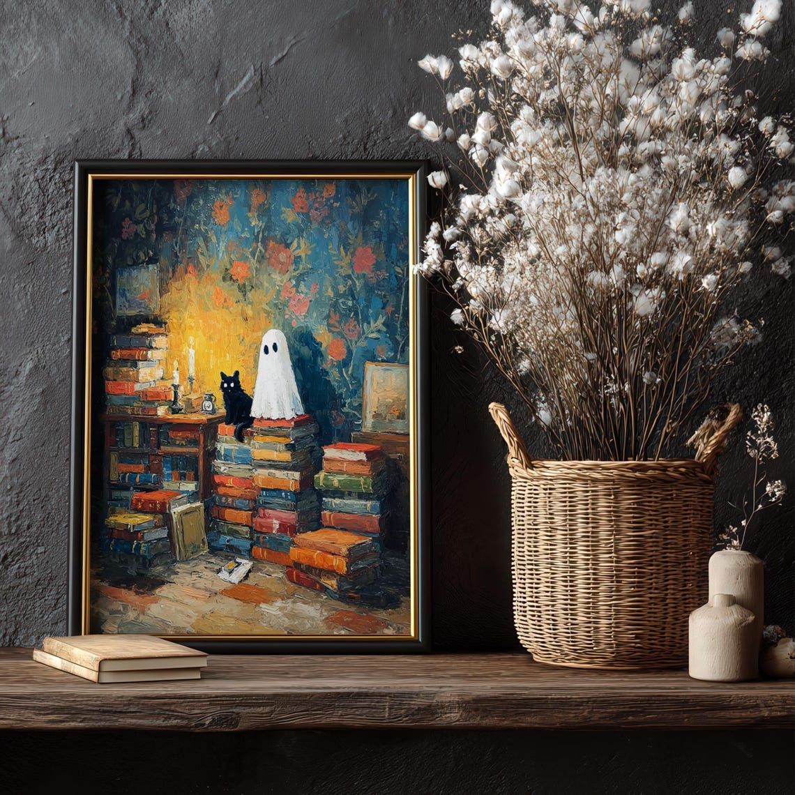 Ghost and Black Cat on Book Stacks Cozy Library Halloween Poster