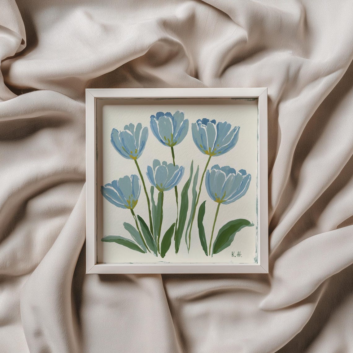 Blue Tulip Gouache Painting Vintage Botanical Print