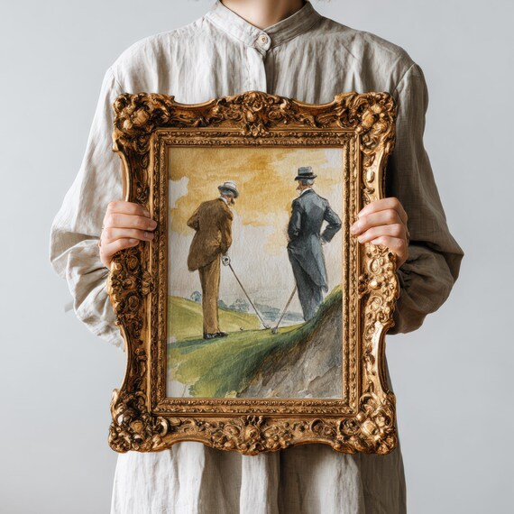 Vintage Golfers Watercolor Poster Gentlemen on the Green Classic Art