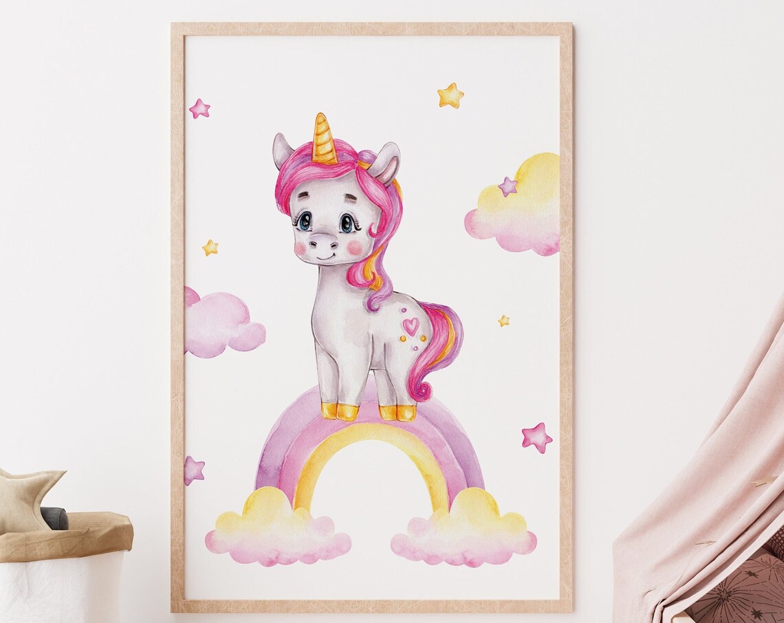 Cute Watercolor Unicorn Rainbow Baby Girl Nursery Decor Poster - Image 2