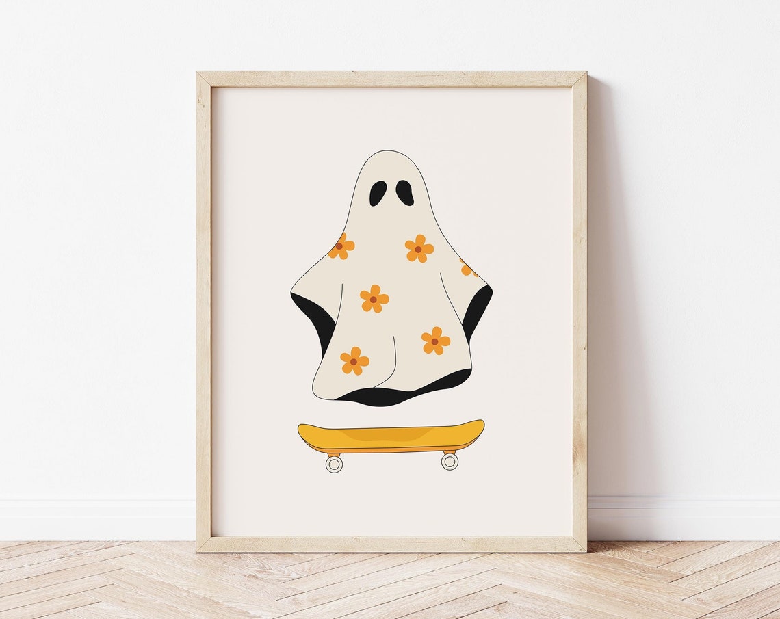 Floral Ghost Riding Skateboard Retro Groovy Halloween Fun Wall Art