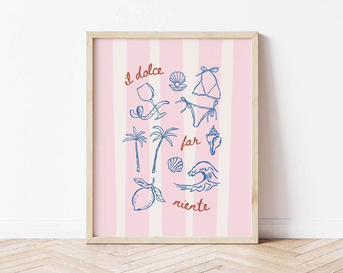 Il Dolce Far Niente Blue Beach Icons Pink Striped Summer Art Print