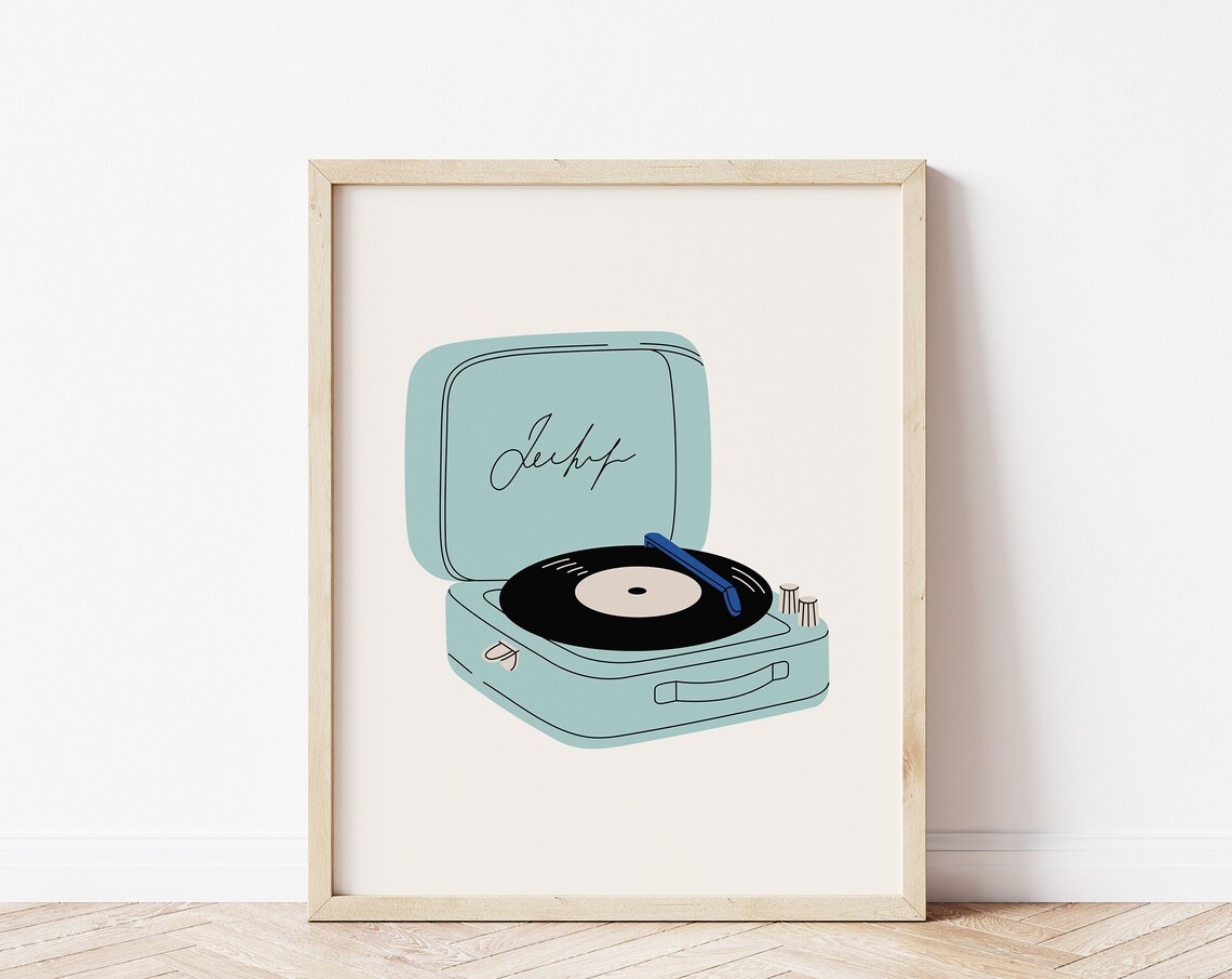 Mint Green Suitcase Record Player Retro Vinyl Music Art Print