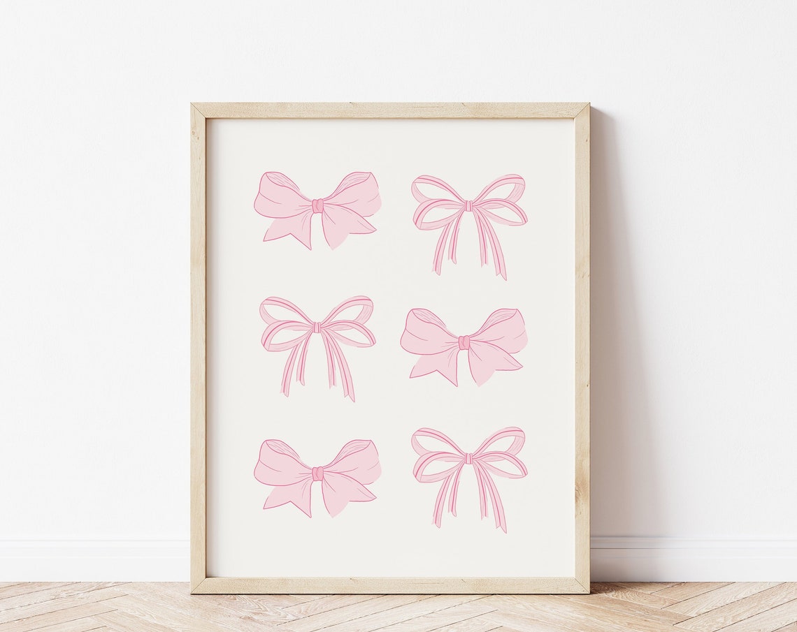 Six Cute Pink Bows Coquette Balletcore Girly Dorm Room Wall Art