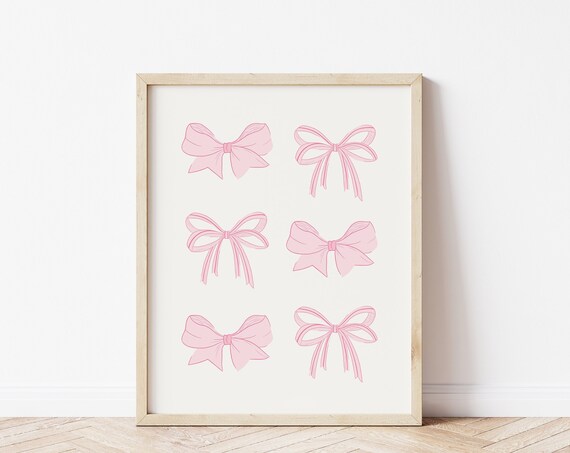 Six Cute Pink Bows Coquette Balletcore Girly Dorm Room Wall Art