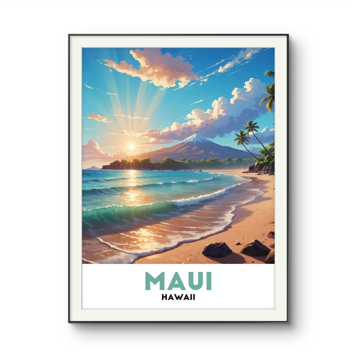 Maui Hawaii Sunrise Tropical Beach Illustrated Travel Poster - Image 3