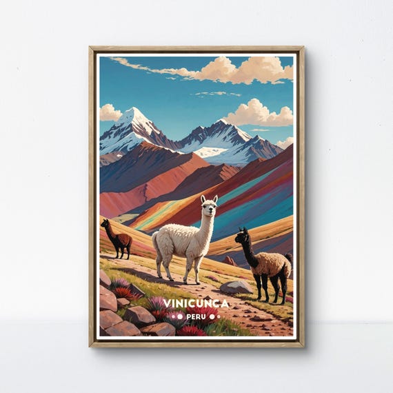 Vinicunca Peru Vintage Poster Rainbow Mountain Art Scenic Andes Landscape Decor