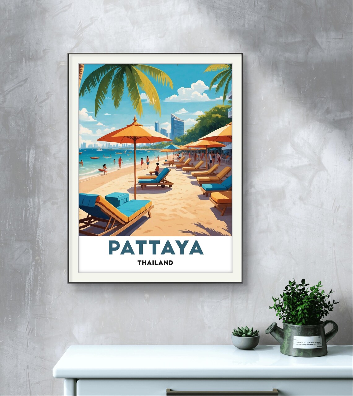 Pattaya Thailand Vibrant Beach Umbrellas Seaside Travel Poster