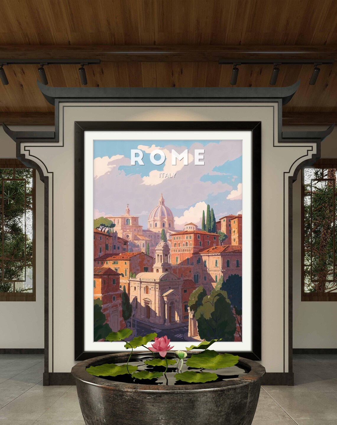 Rome Italy Vintage Skyline Domes Terracotta Rooftops Travel Poster