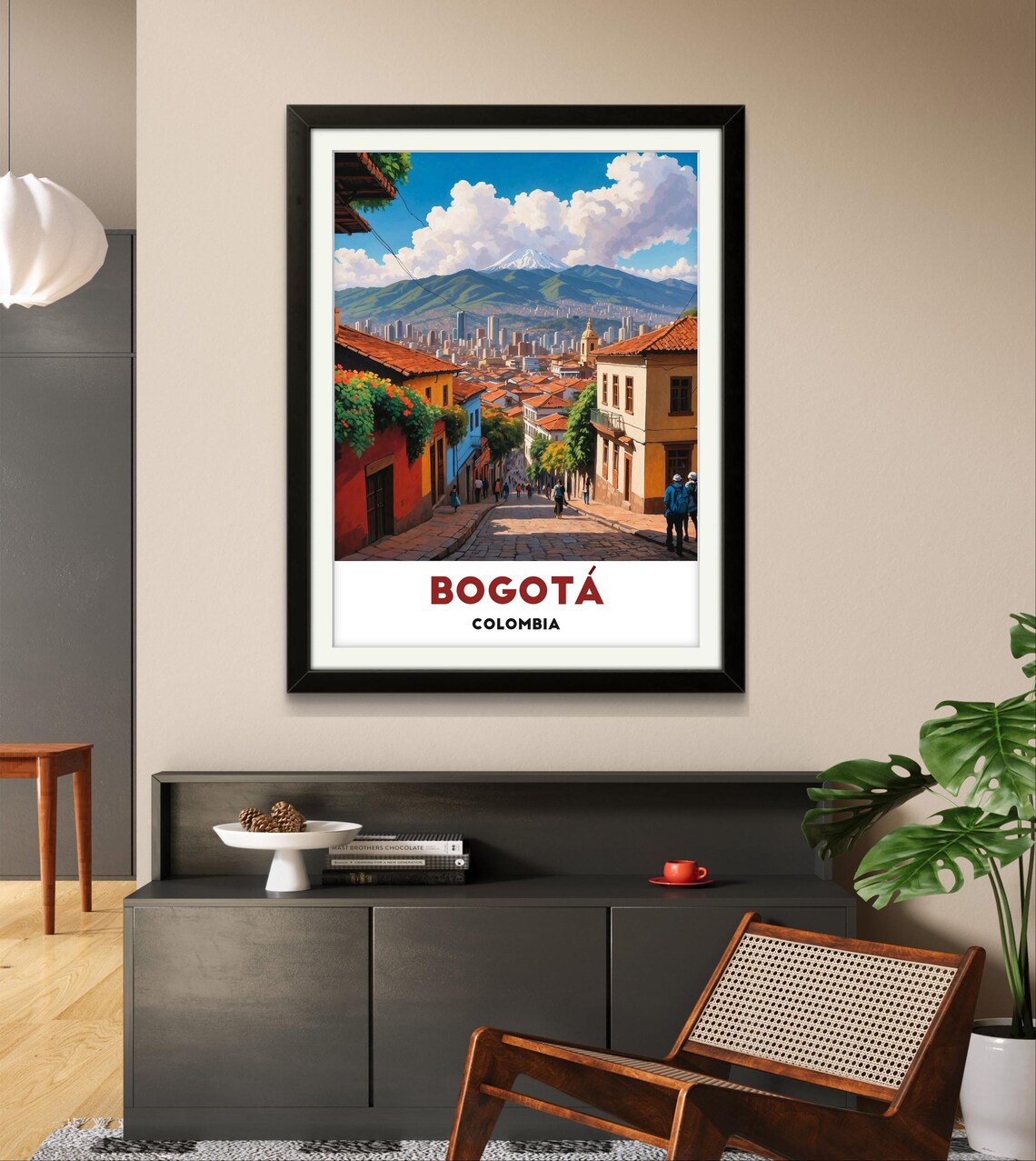 Bogot Colombia Travel Poster, Cityscape With Mountain Backdrop