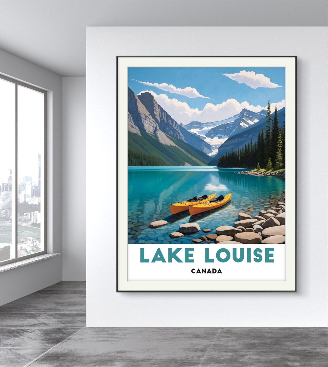 Lake Louise Canada Turquoise Lake Yellow Kayaks Rocky Mountain Poster - Image 2