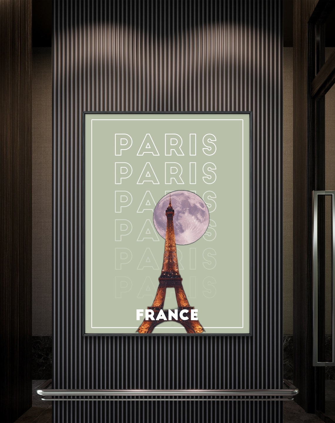 Paris France Eiffel Tower Full Moon Night Sky Typography Poster - Image 3