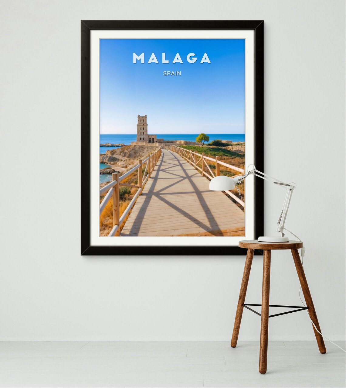 Malaga Spain Coastal Watchtower Boardwalk Sea Path Travel Poster - Image 2