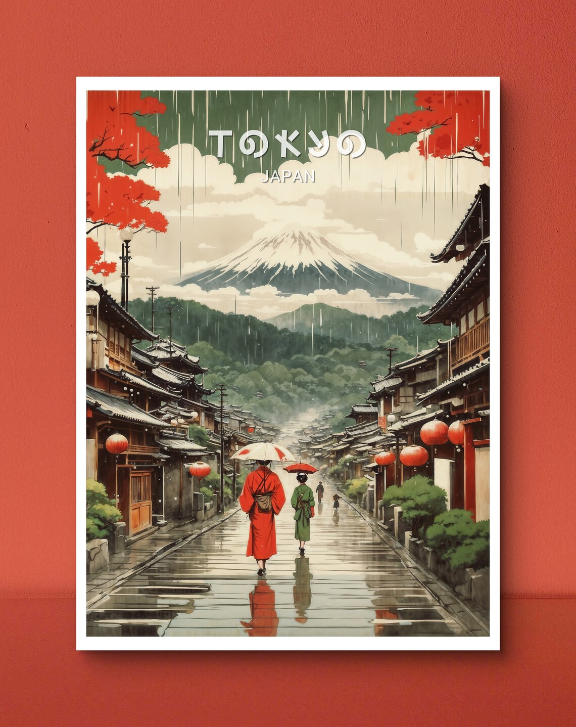 Japan Rainy Traditional Street Mount Fuji Kimono Vintage Travel Poster - Image 2