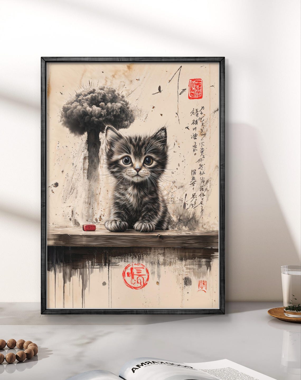 Kitten With Nuclear Cloud Surreal Japanese Ink Art Wall Poster - Image 4
