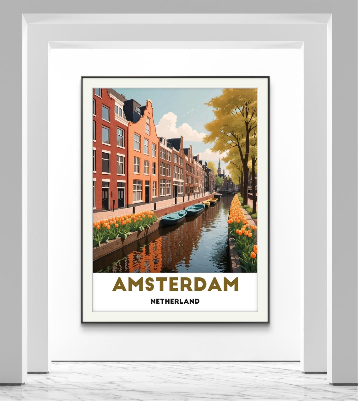 Amsterdam Netherlands Tulip Lined Canal With Boats Travel Poster